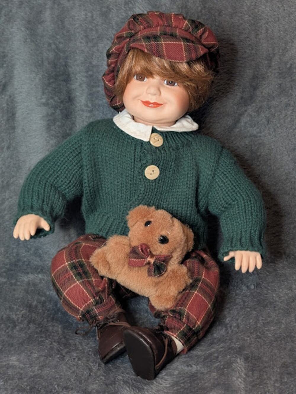 10" Irish Porcelain Sitting Irish Male Doll Plaid Hat & Pants Green Knit Sweater